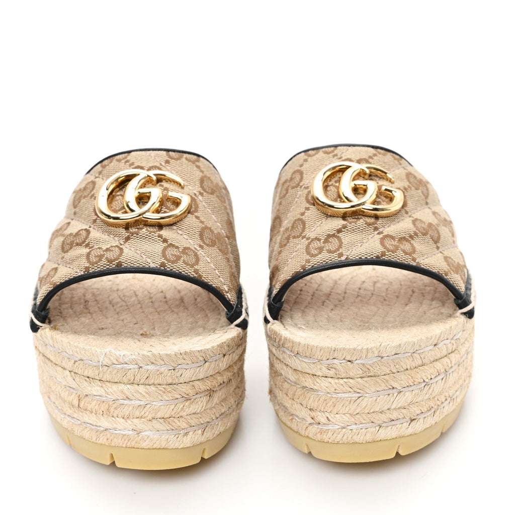 Monogram Matelasse Diagonal GG Marmont Platform Espadrille Slide Sandals 36 Beige Ebony Black