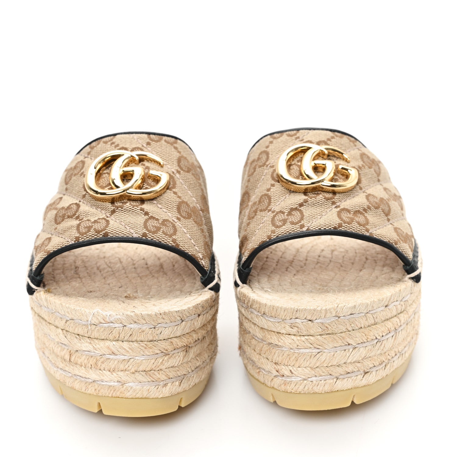 Monogram Matelasse Diagonal GG Marmont Platform Espadrille Slide Sandals 36 Beige Ebony Black