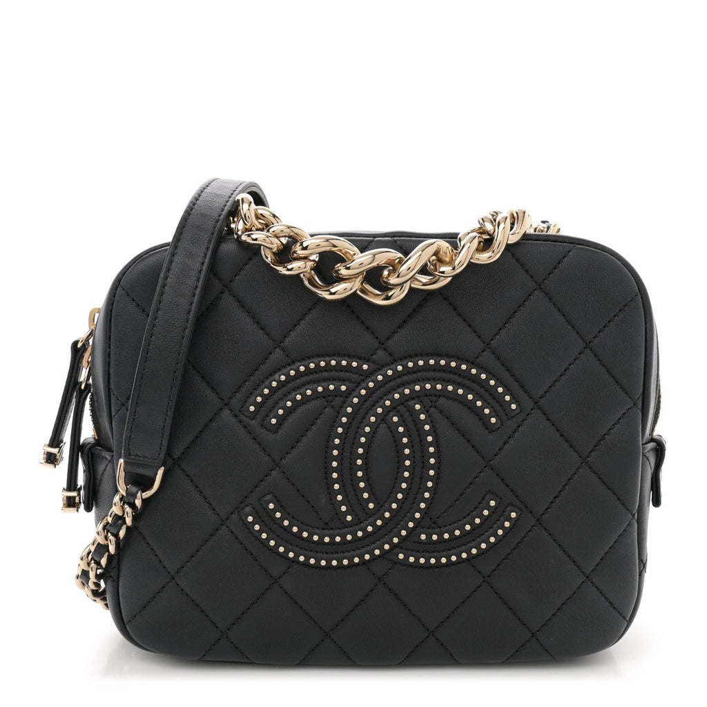 Lambskin Quilted Studded Quilted Vanity Case With Chain Black