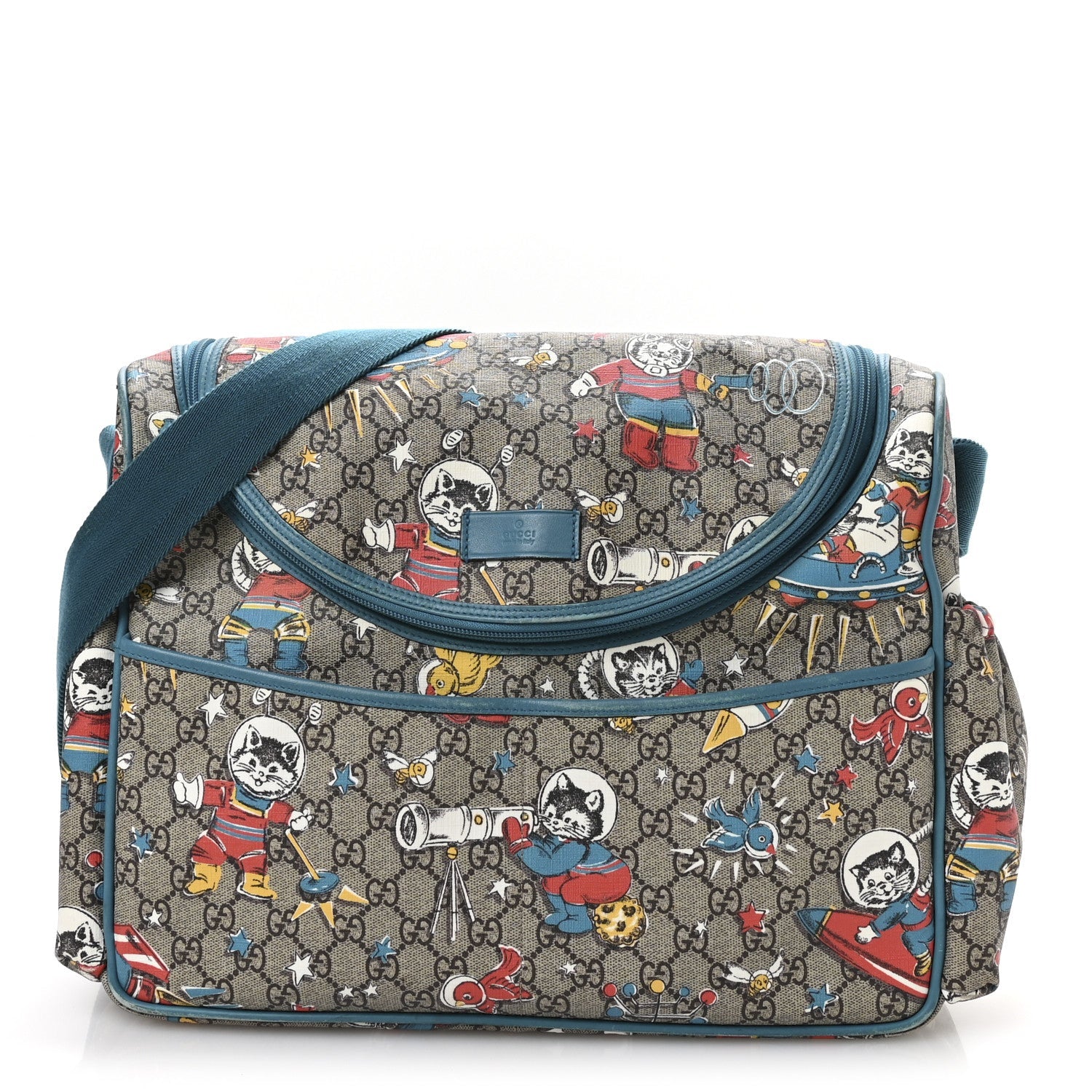 GG Supreme Monogram Space Cats Diaper Bag Turquoise