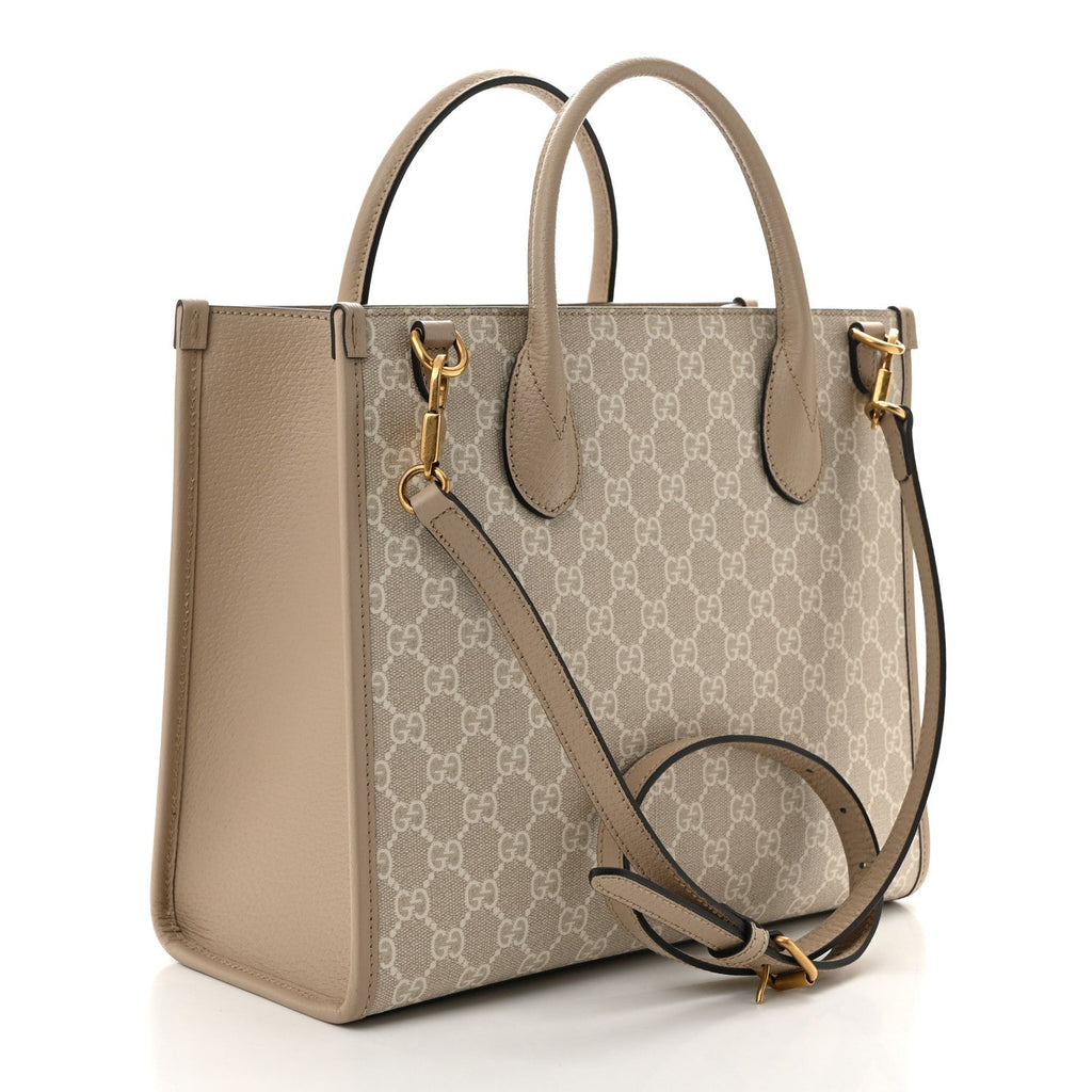 GG Supreme Monogram Textured Dollar Calfskin Small Retro Interlocking G Tote Bag Beige Mystic White Oatmeal