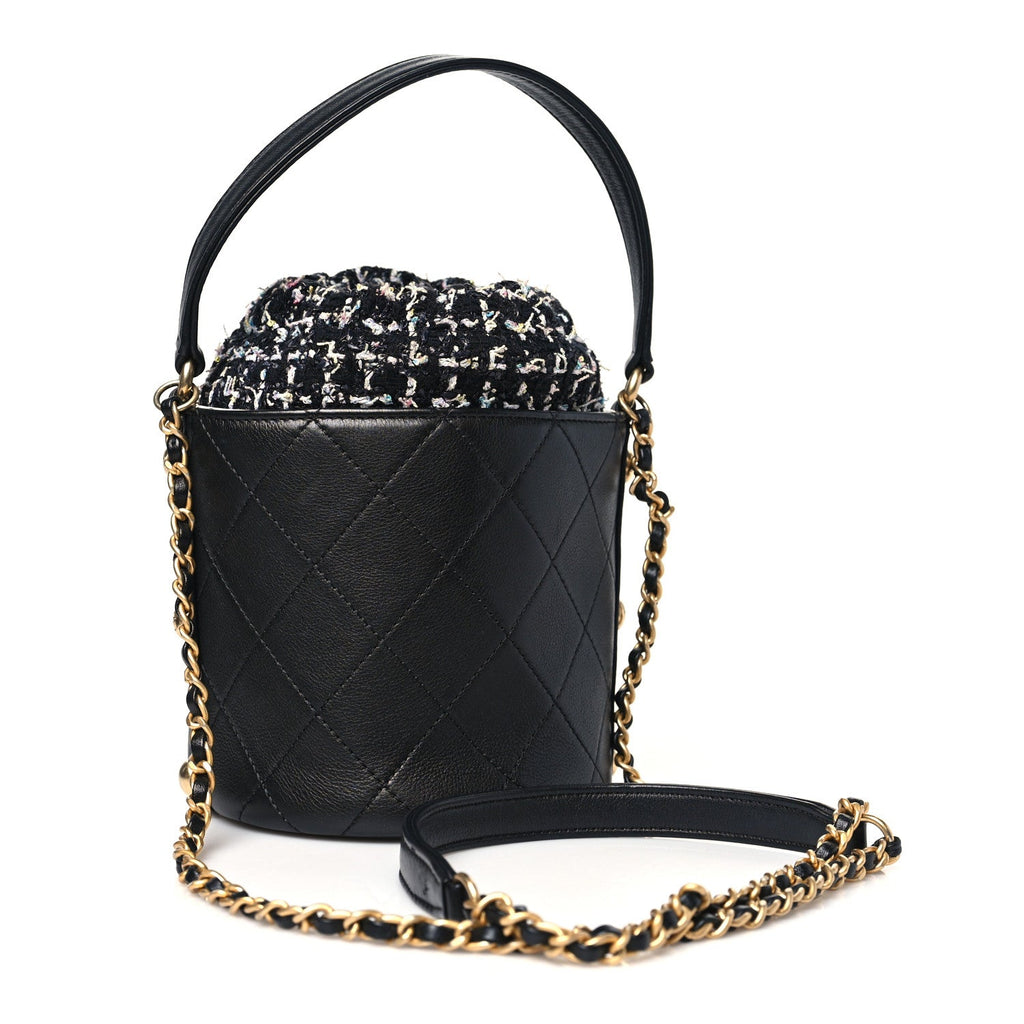 Calfskin Tweed Small CC Chain Bucket Drawstring Bag Black Multicolor