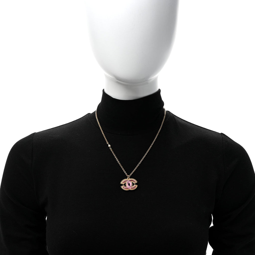 Metal Enamel Pearl CC Chain Necklace Pendant Gold Pink