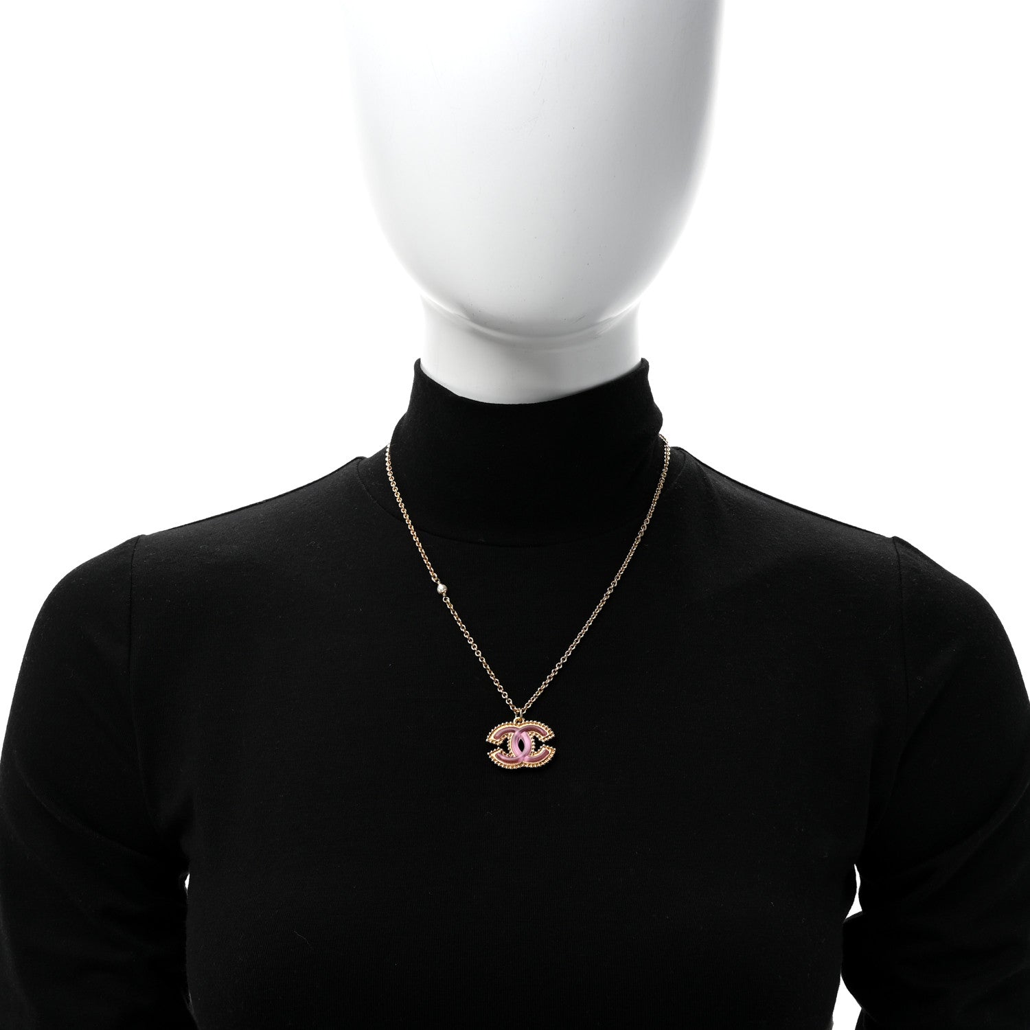 Metal Enamel Pearl CC Chain Necklace Pendant Gold Pink