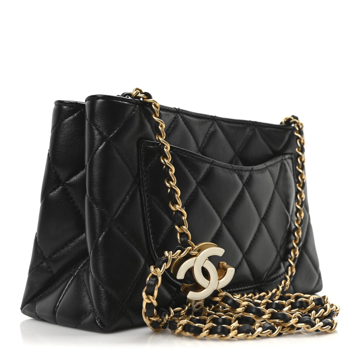 Lambskin Quilted Enamel Mini Shopping Bag Black