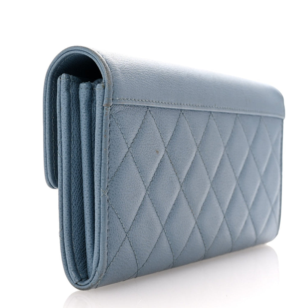 Grained Calfskin Quilted CC Box Flap Wallet Blue
