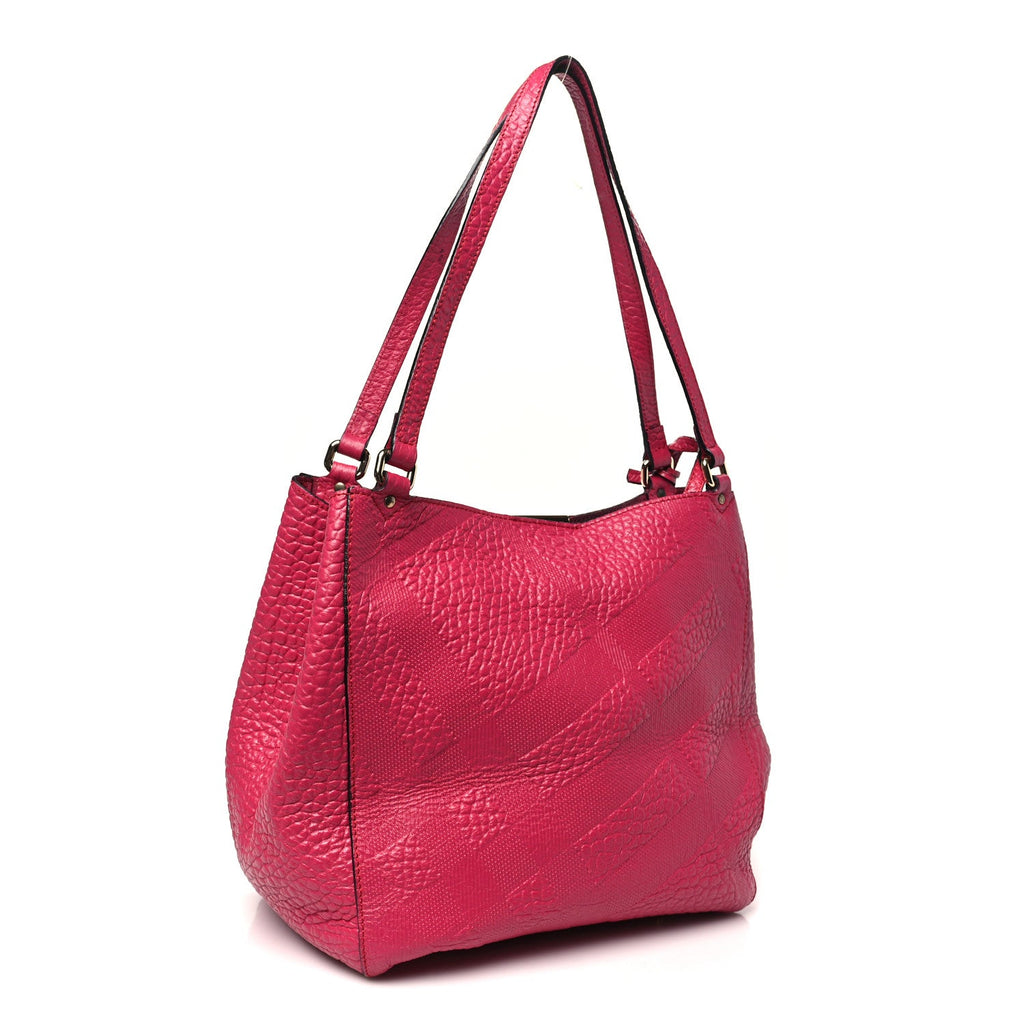 Signature Grain Calfskin Check Embossed Small Canterbury Tote Vibrant Fuchsia