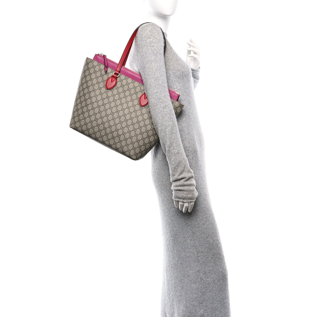 GG Supreme Monogram Medium Zippered Bucket Tote Beige Hibiscus Red New Rosette