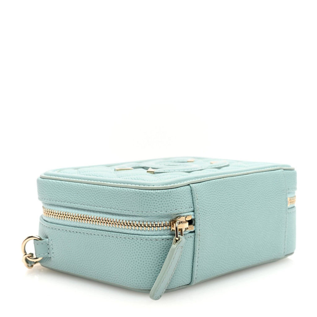 Caviar Quilted Filigree Vanity Clutch With Chain Light Blue