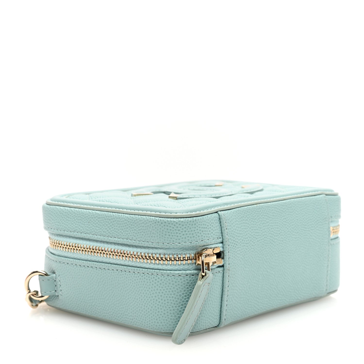 Caviar Quilted Filigree Vanity Clutch With Chain Light Blue