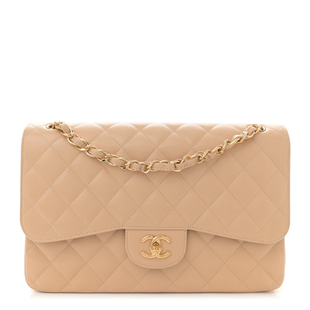 Caviar Quilted Jumbo Double Flap Beige