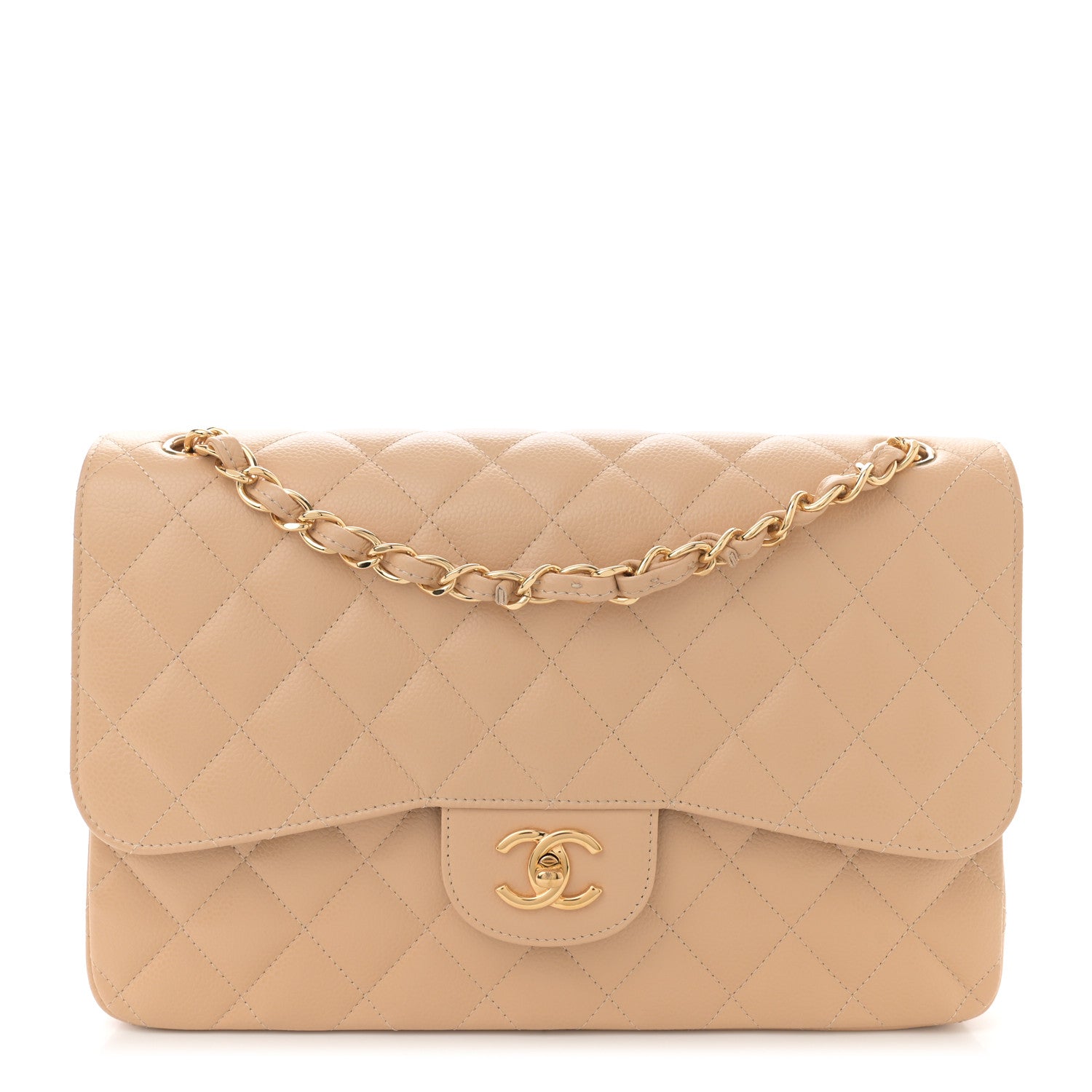Caviar Quilted Jumbo Double Flap Beige