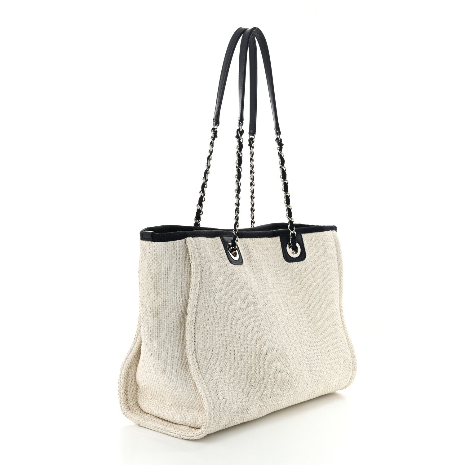 Woven Straw Raffia Small Deauville Tote White Navy