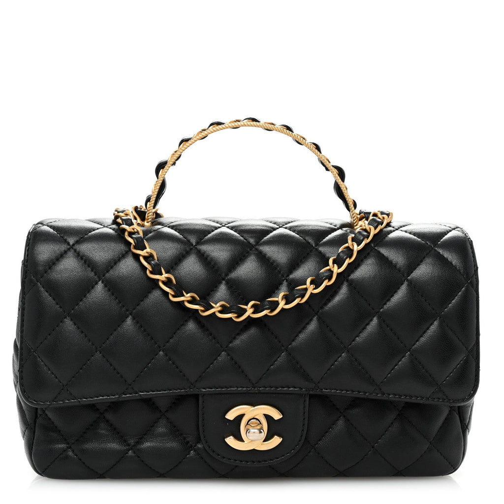 Lambskin Quilted Small Metal Top Handle Flap Black