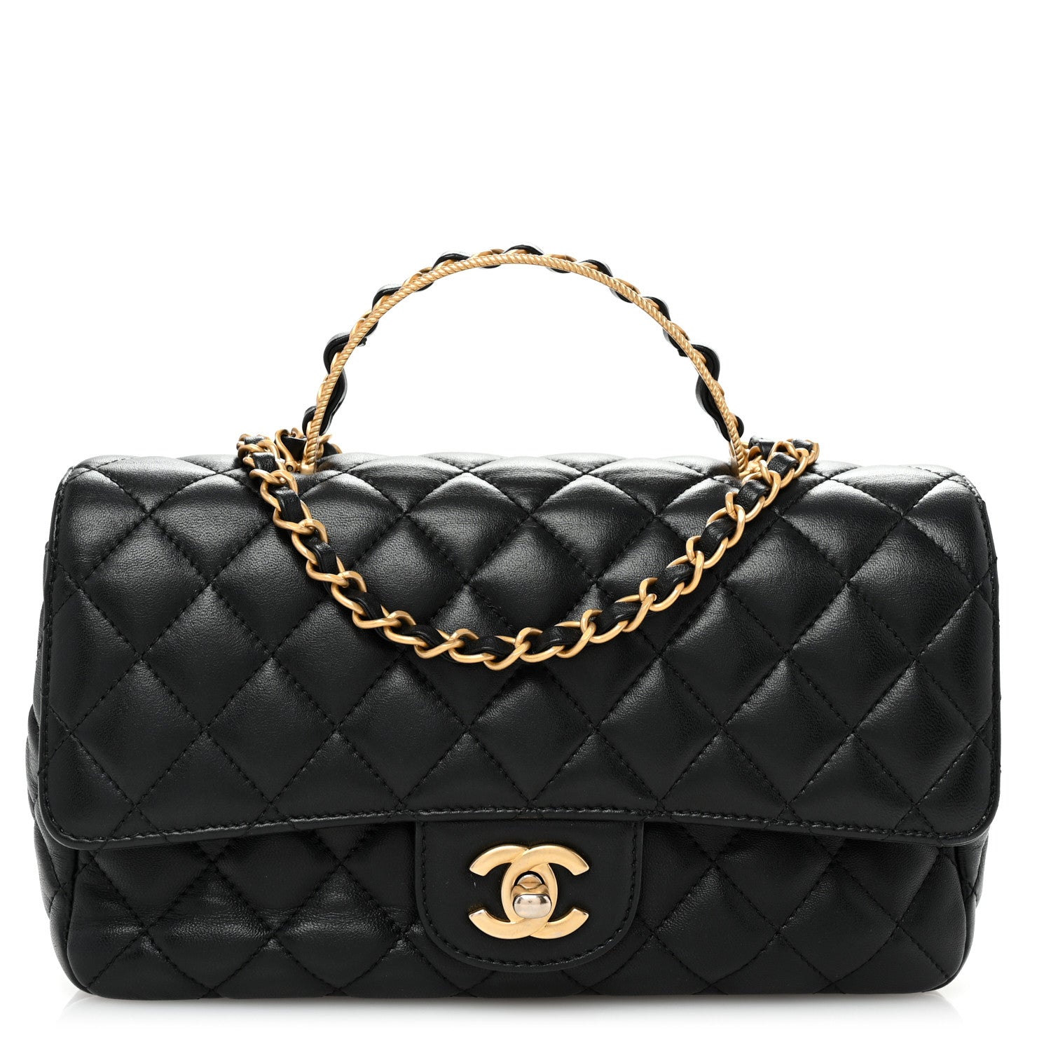 Lambskin Quilted Small Metal Top Handle Flap Black