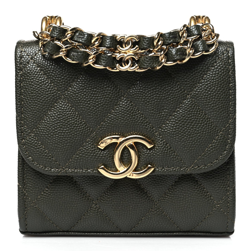 Caviar Quilted Coco First Clutch With Chain Khaki