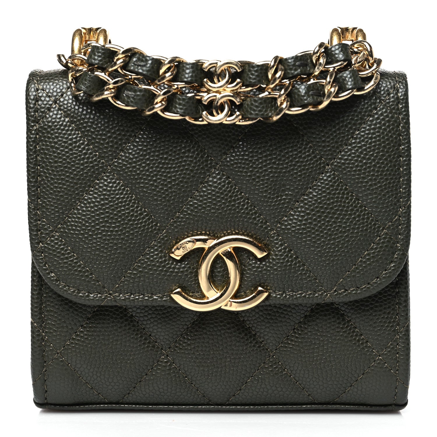 Caviar Quilted Coco First Clutch With Chain Khaki