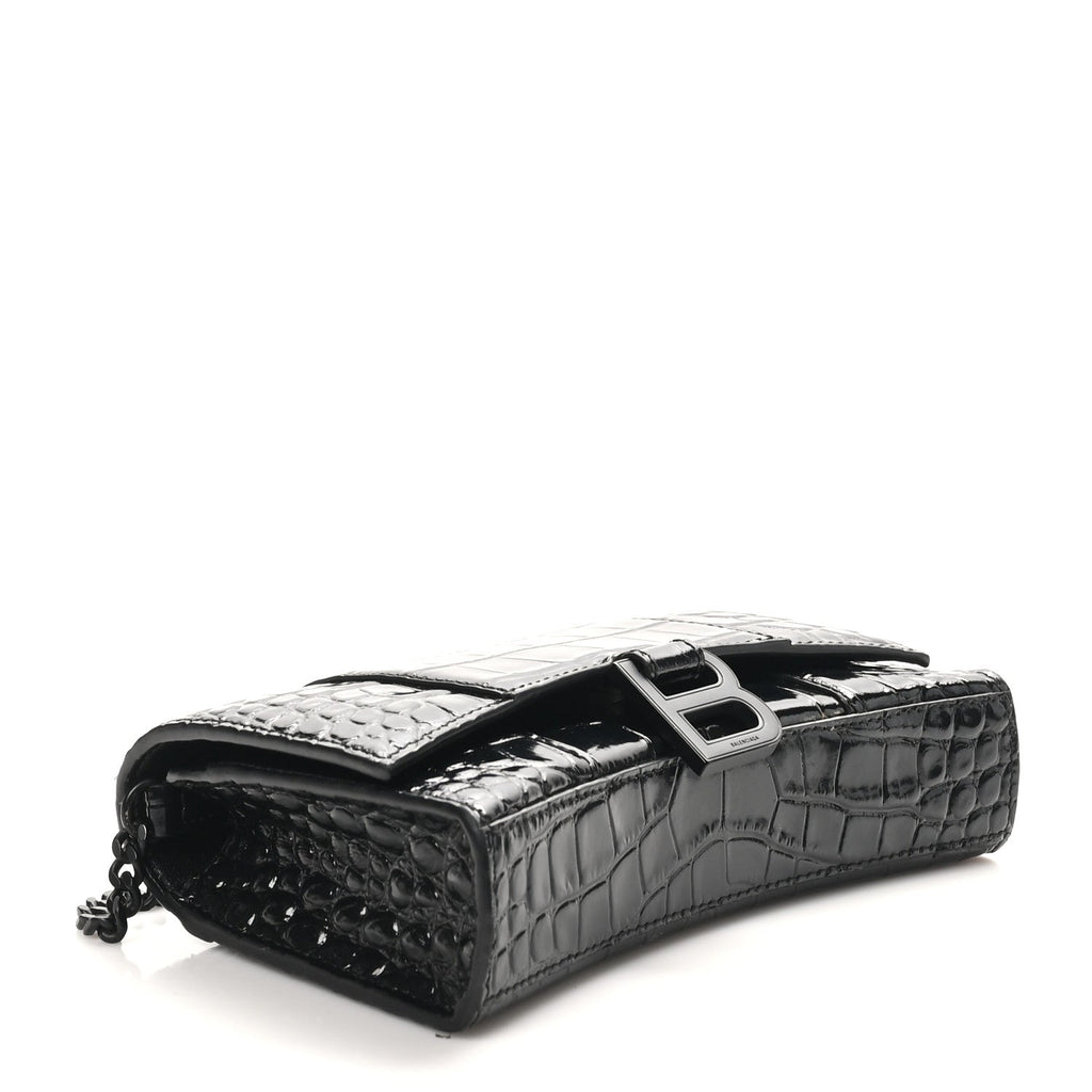 Shiny Calfskin Monochrome Crocodile Embossed Hourglass Chain Bag Black