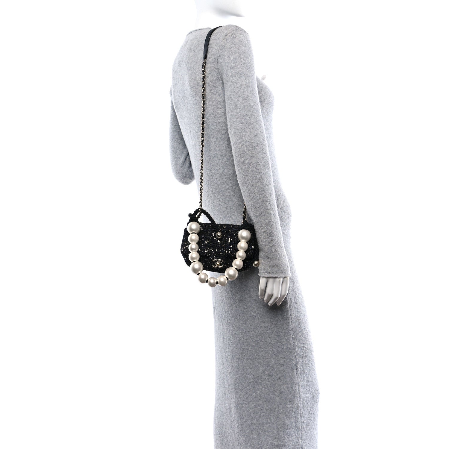 Tweed Mini Pearl Handle Flap Black Ecru
