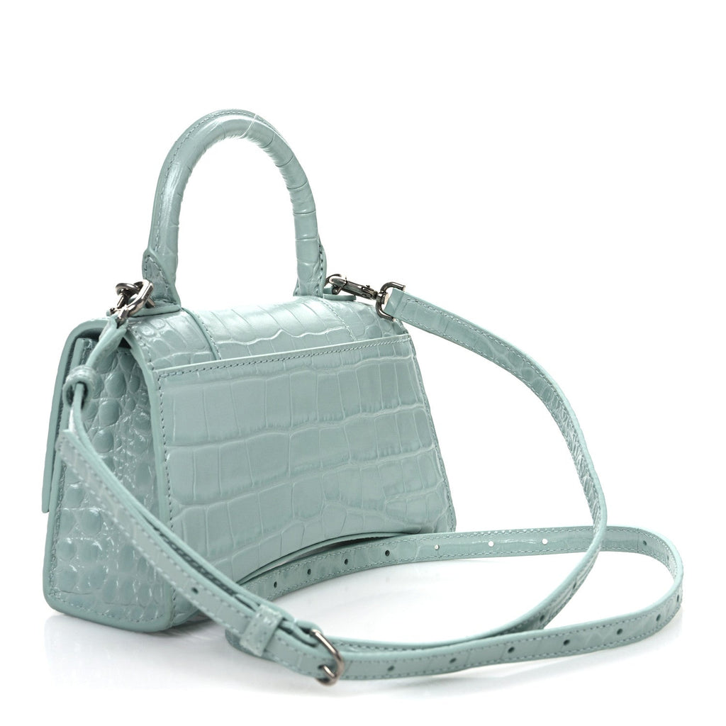 Shiny Calfskin Crocodile Embossed Hourglass Top Handle Bag XS Green Acqua