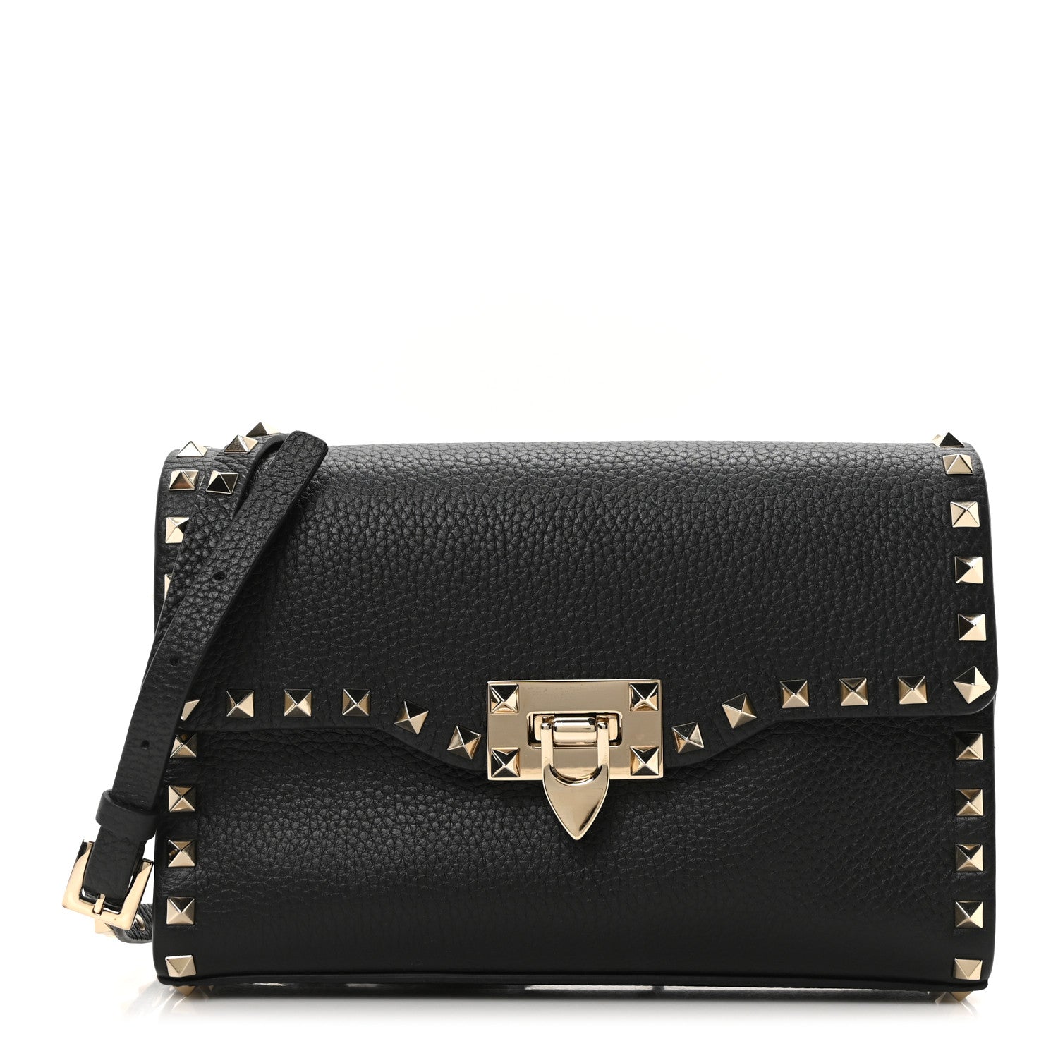 Pebbled Calfskin Medium Rockstud Flip Lock Crossbody Bag Black