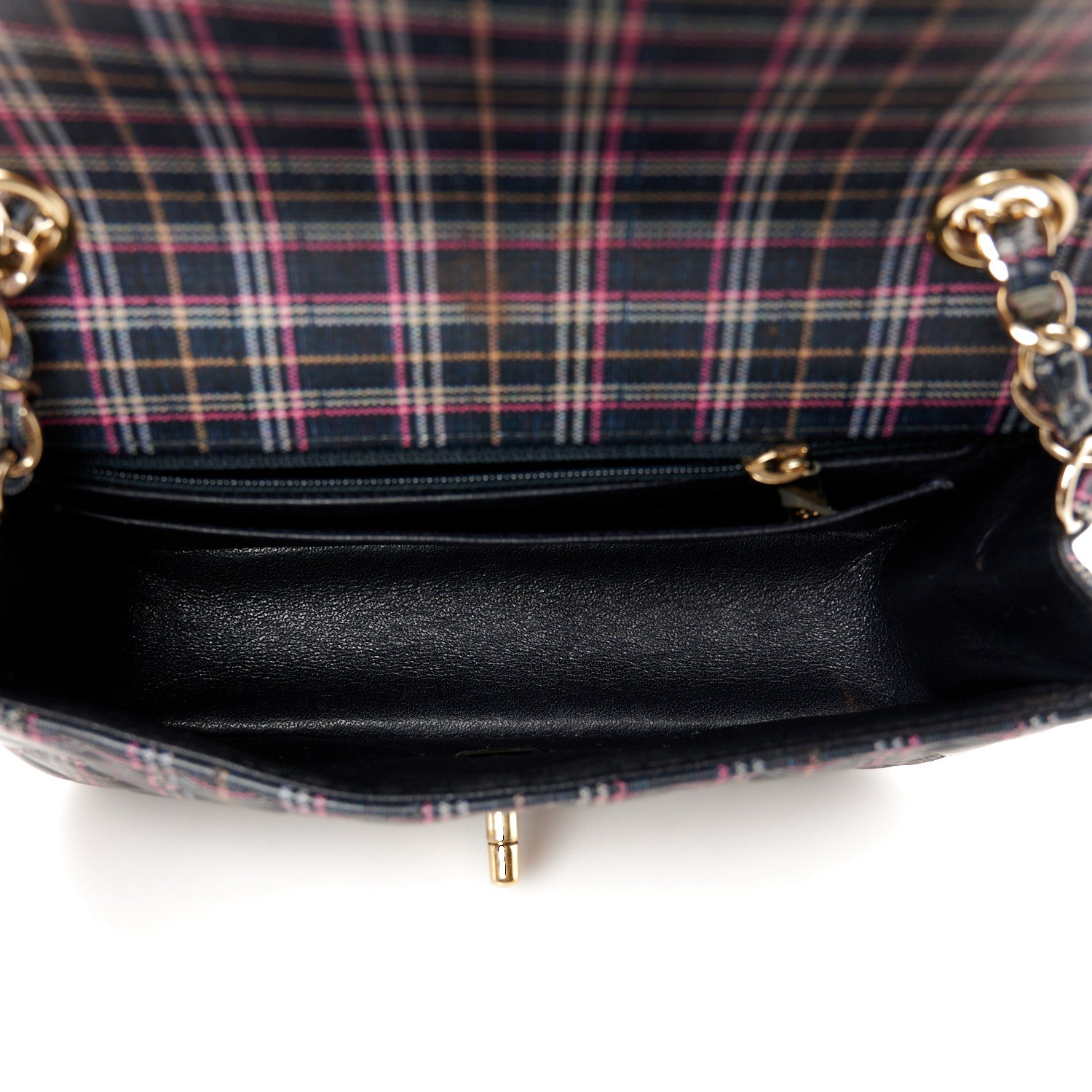 Calfskin Quilted Plaid Printed Small Single Flap Navy Multicolor