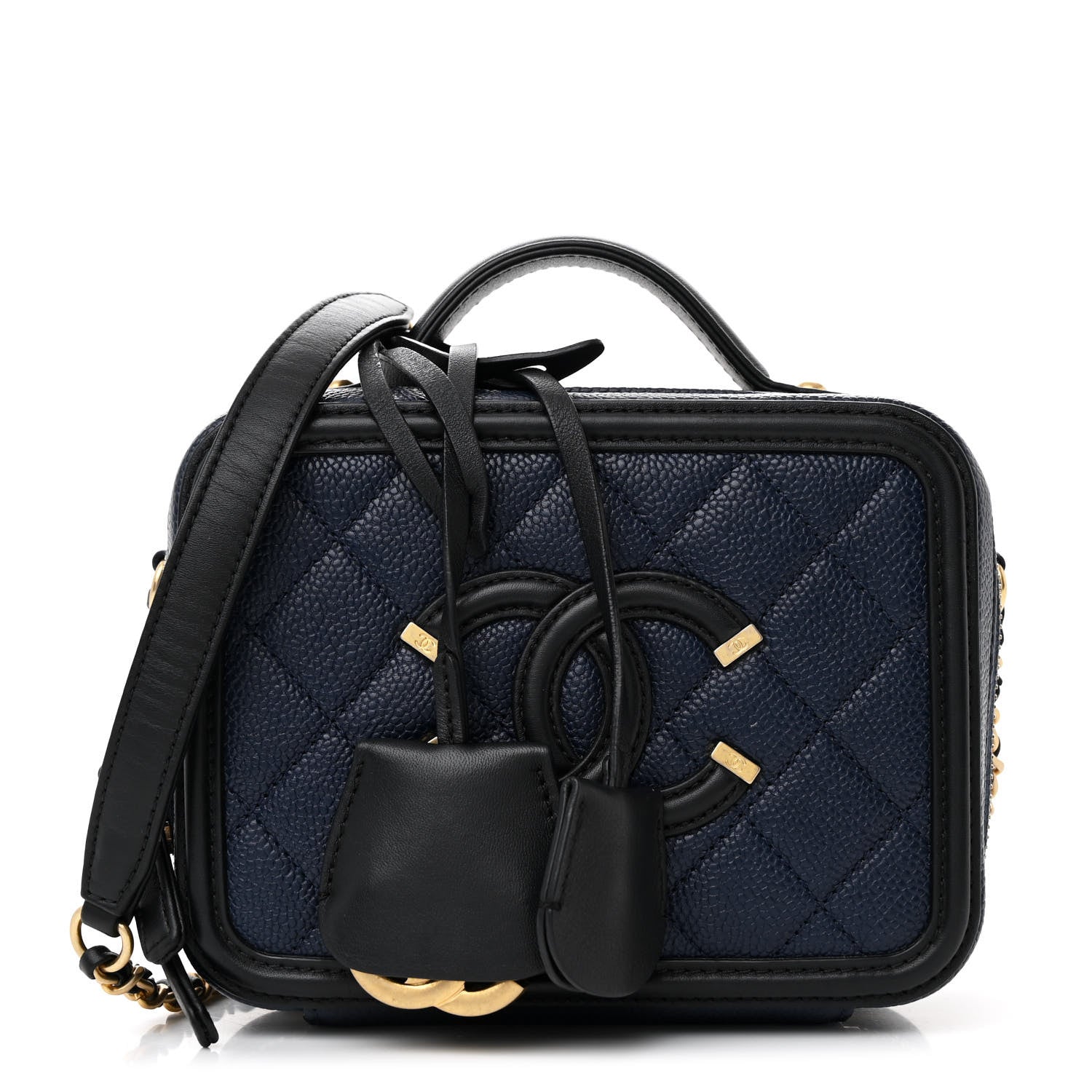 Caviar Quilted Small CC Filigree Vanity Case Navy Black