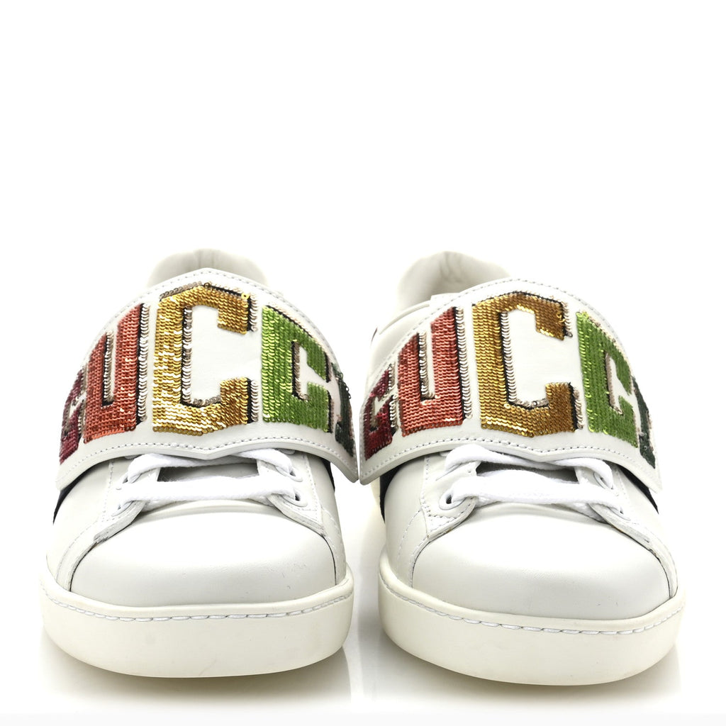 Calfskin Sequins Web Game Logo Womens Ace Sneakers 36 White