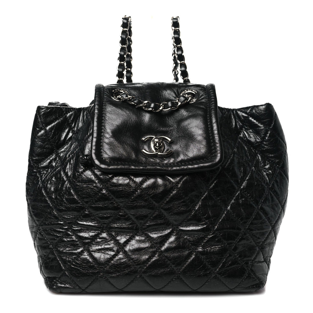 Glazed Calfskin Quilted Beijing Backpack Black