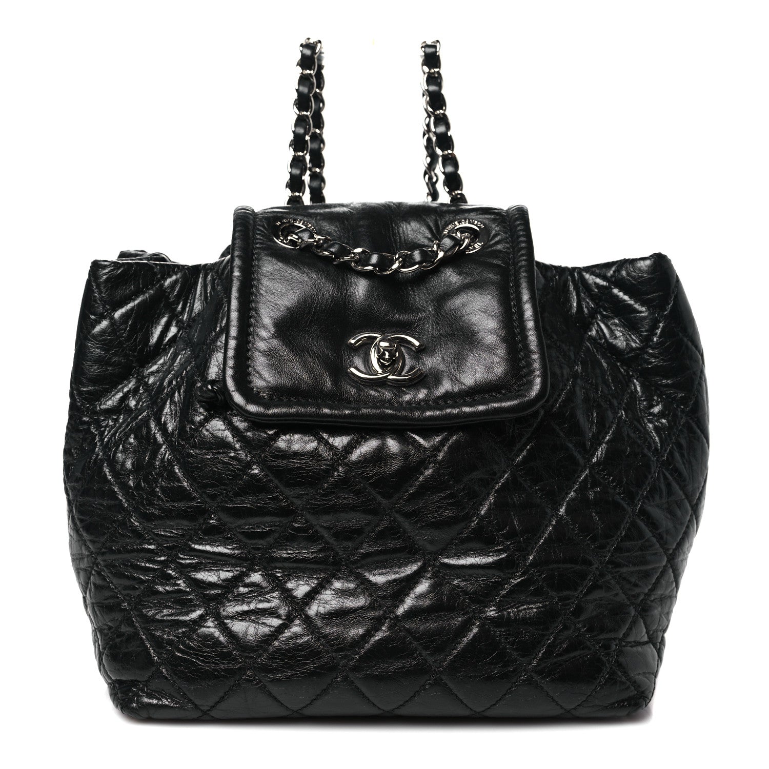 Glazed Calfskin Quilted Beijing Backpack Black