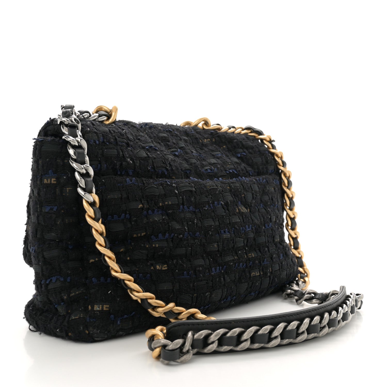 Tweed Quilted Large Chanel 19 Flap Black Navy Gold