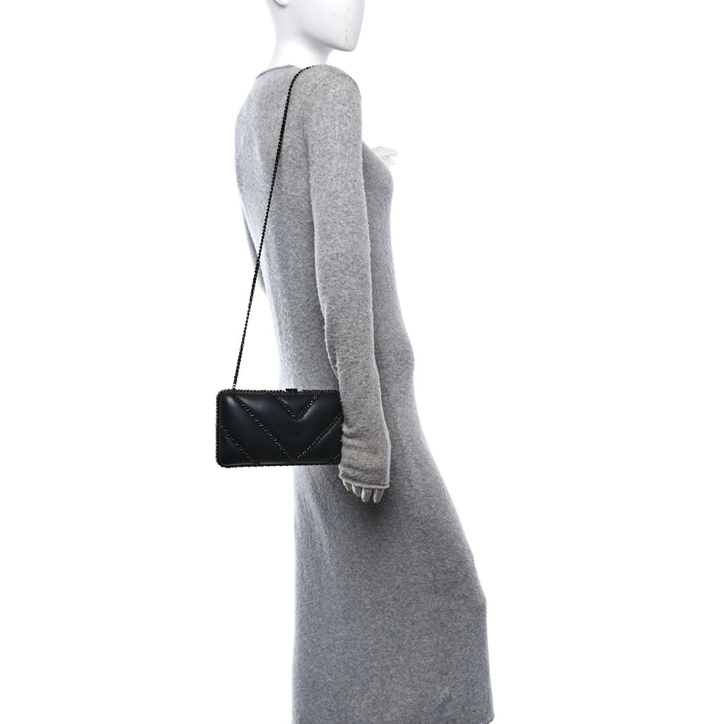 Lambskin Chevron Quilted Chain Around Clutch Black