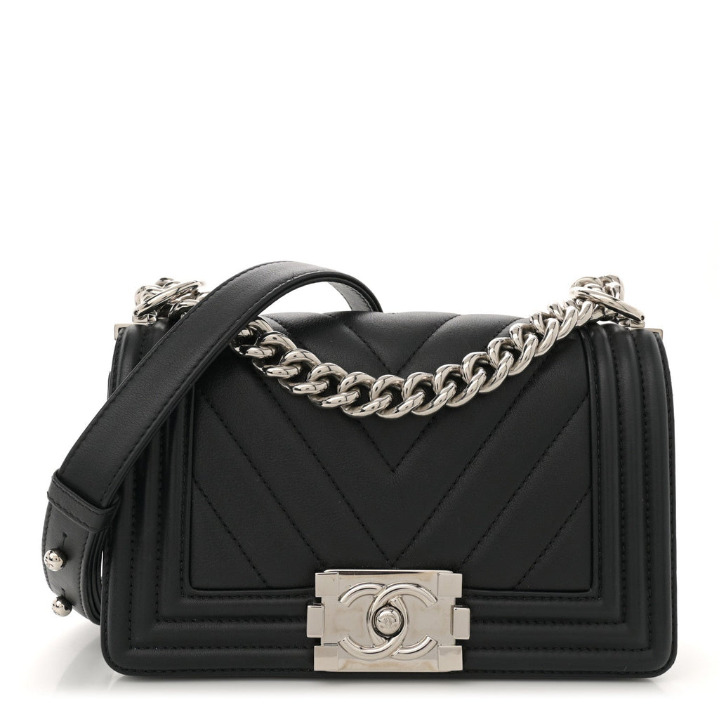 Lambskin Chevron Quilted Small Boy Flap Black