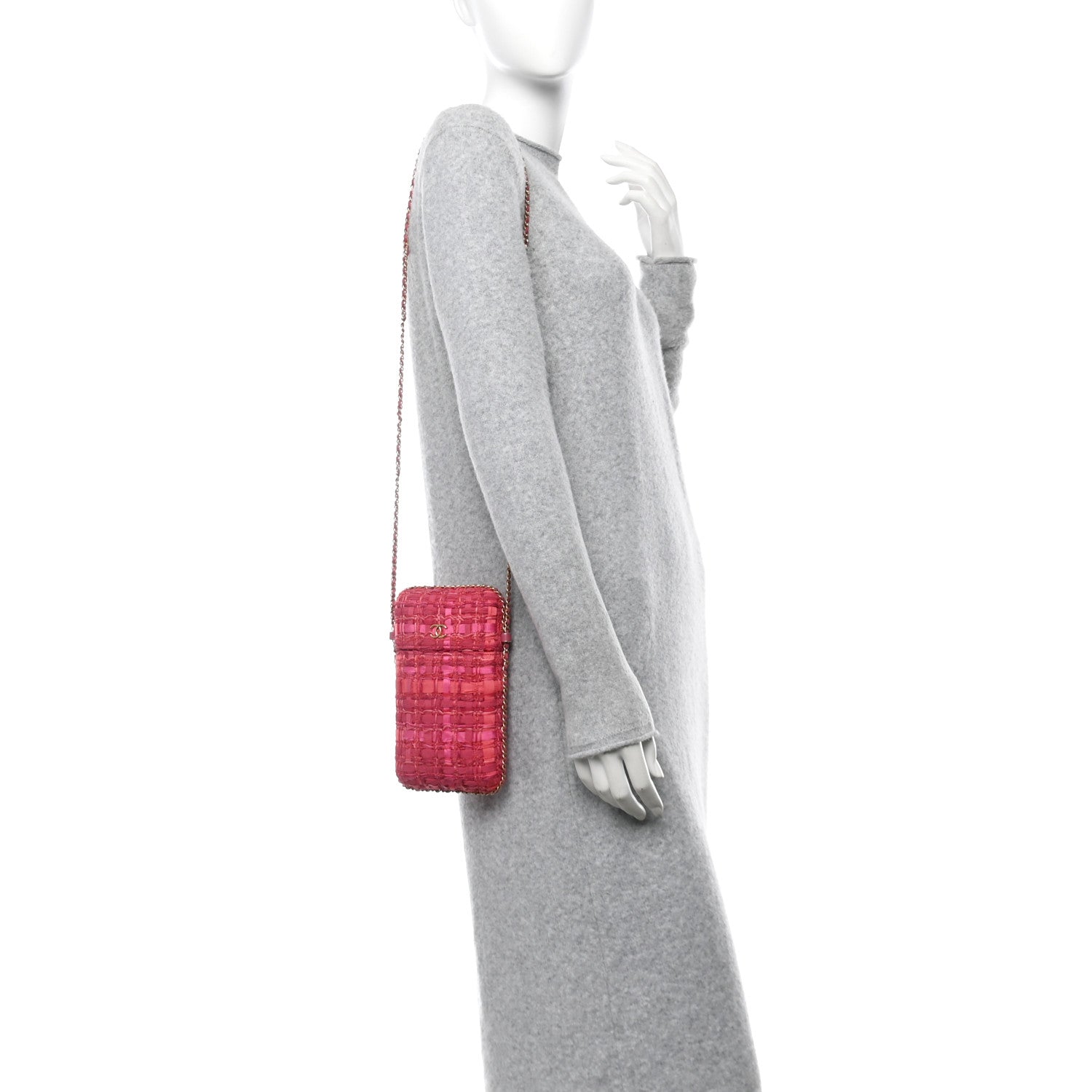 Tweed Chain Around Phone Holder Pink