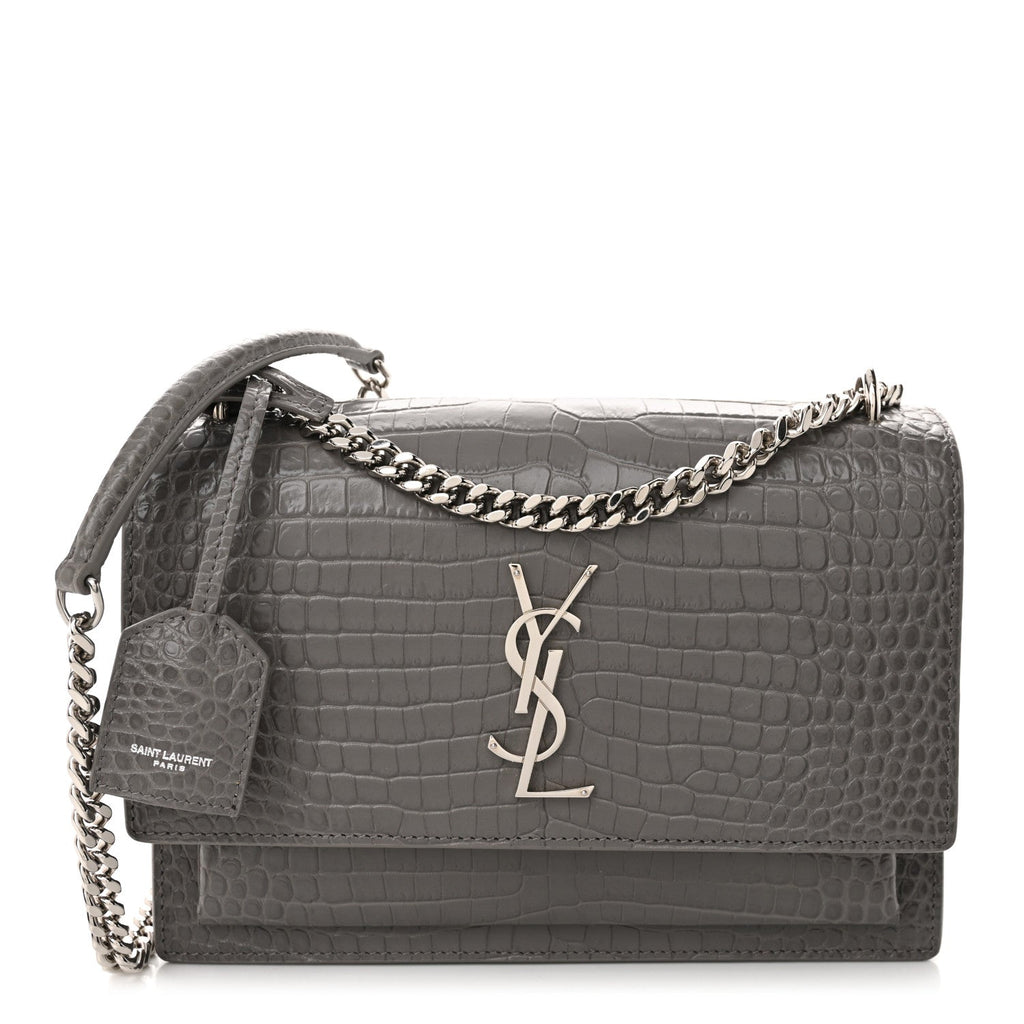 Calfskin Crocodile Embossed Medium Monogram Sunset Fog