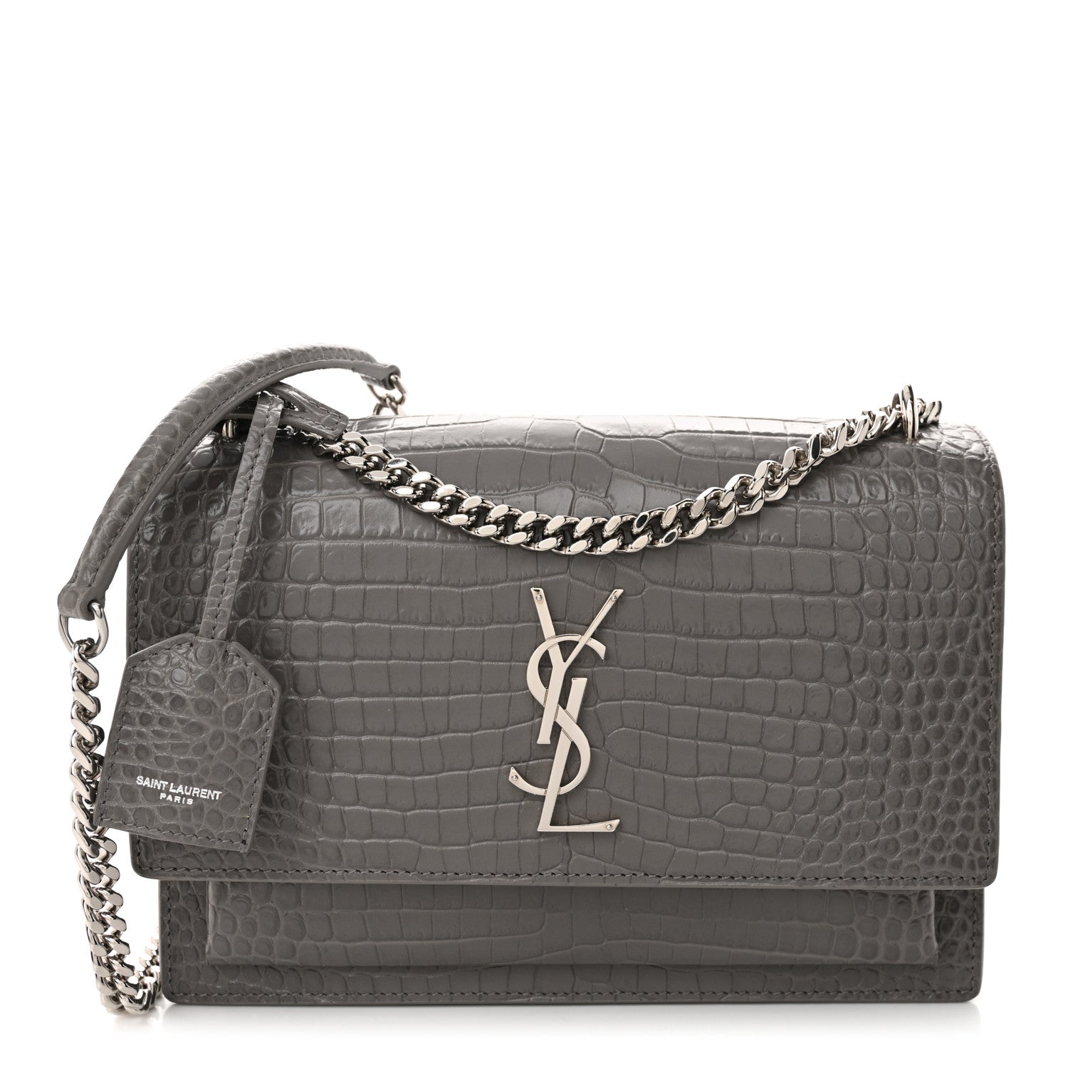 Calfskin Crocodile Embossed Medium Monogram Sunset Fog