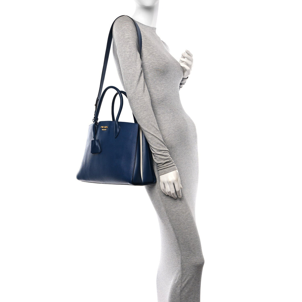 Saffiano Cuir Calfskin Large Double Handle Bag Bluette White