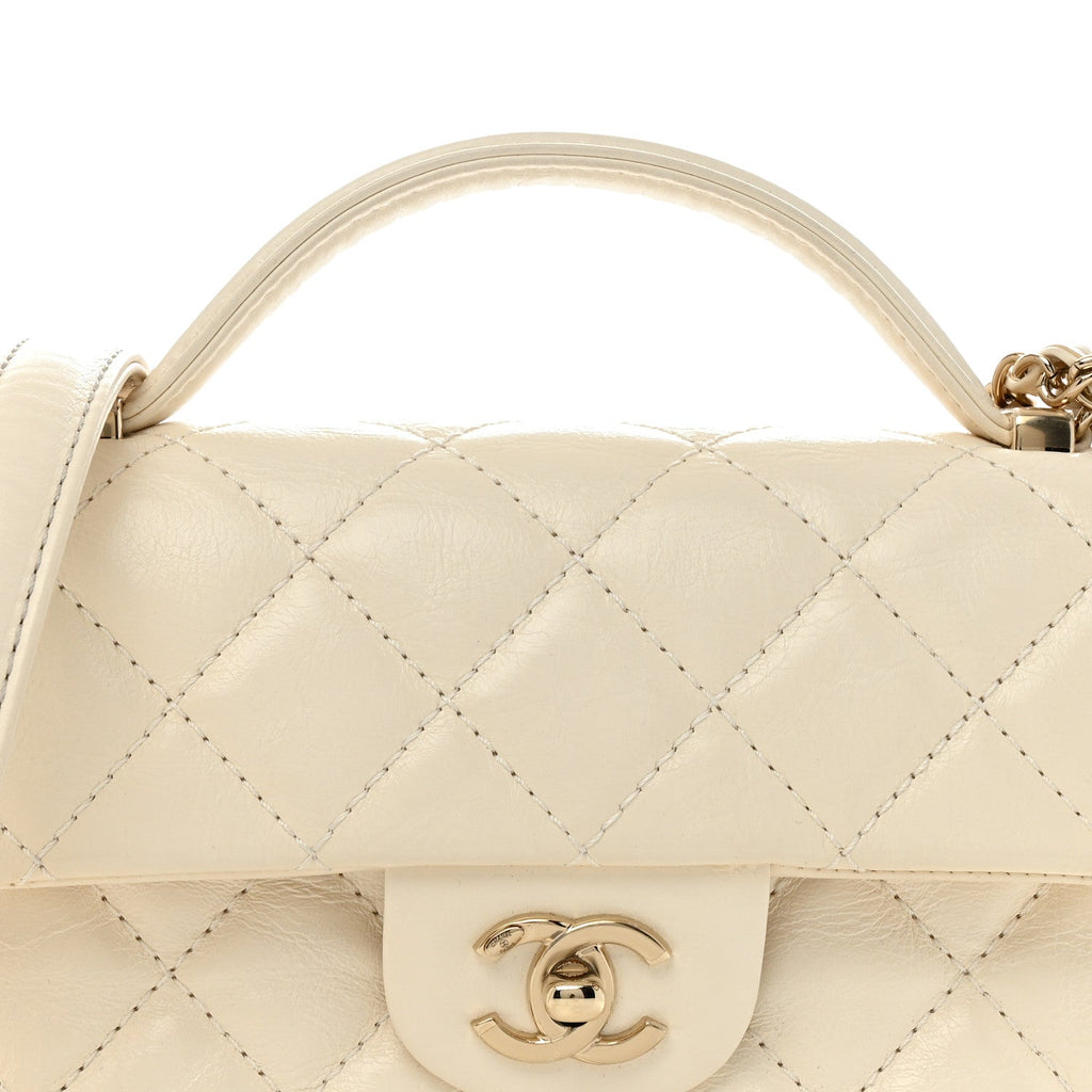 Shiny Crumpled Calfskin Quilted Top Handle Flap White