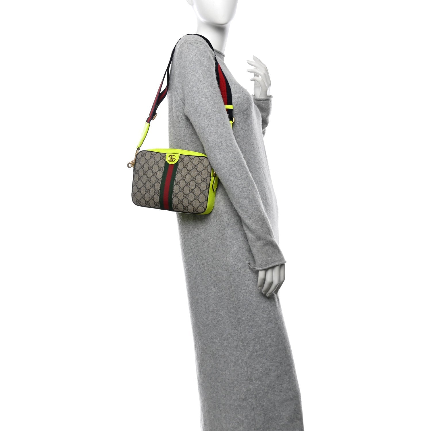 GG Supreme Monogram Textured Dollar Calfskin Web Ophidia Wristlet Shoulder Bag Beige Ebony Fluo Yellow