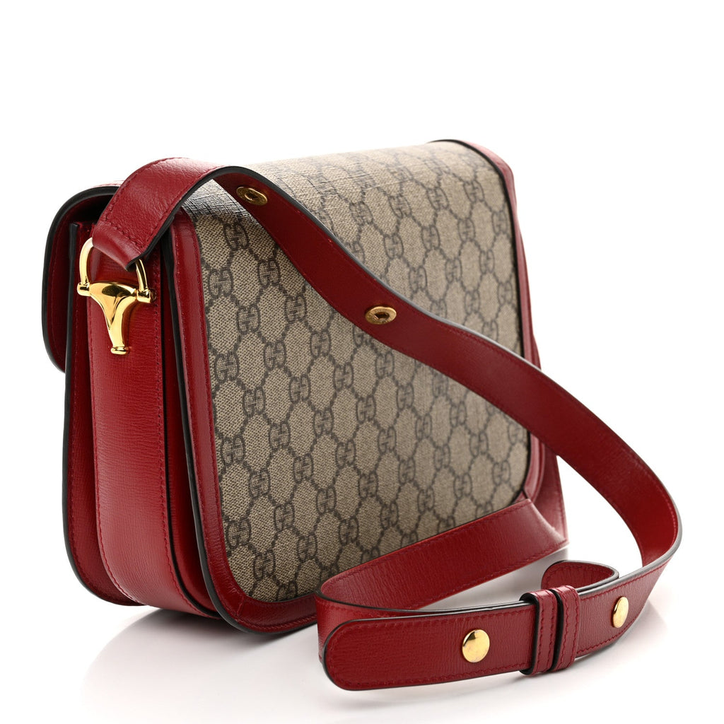 GG Supreme Monogram Azalea Calfskin Horsebit 1955 Shoulder Bag Beige Ebony New Cherry Red