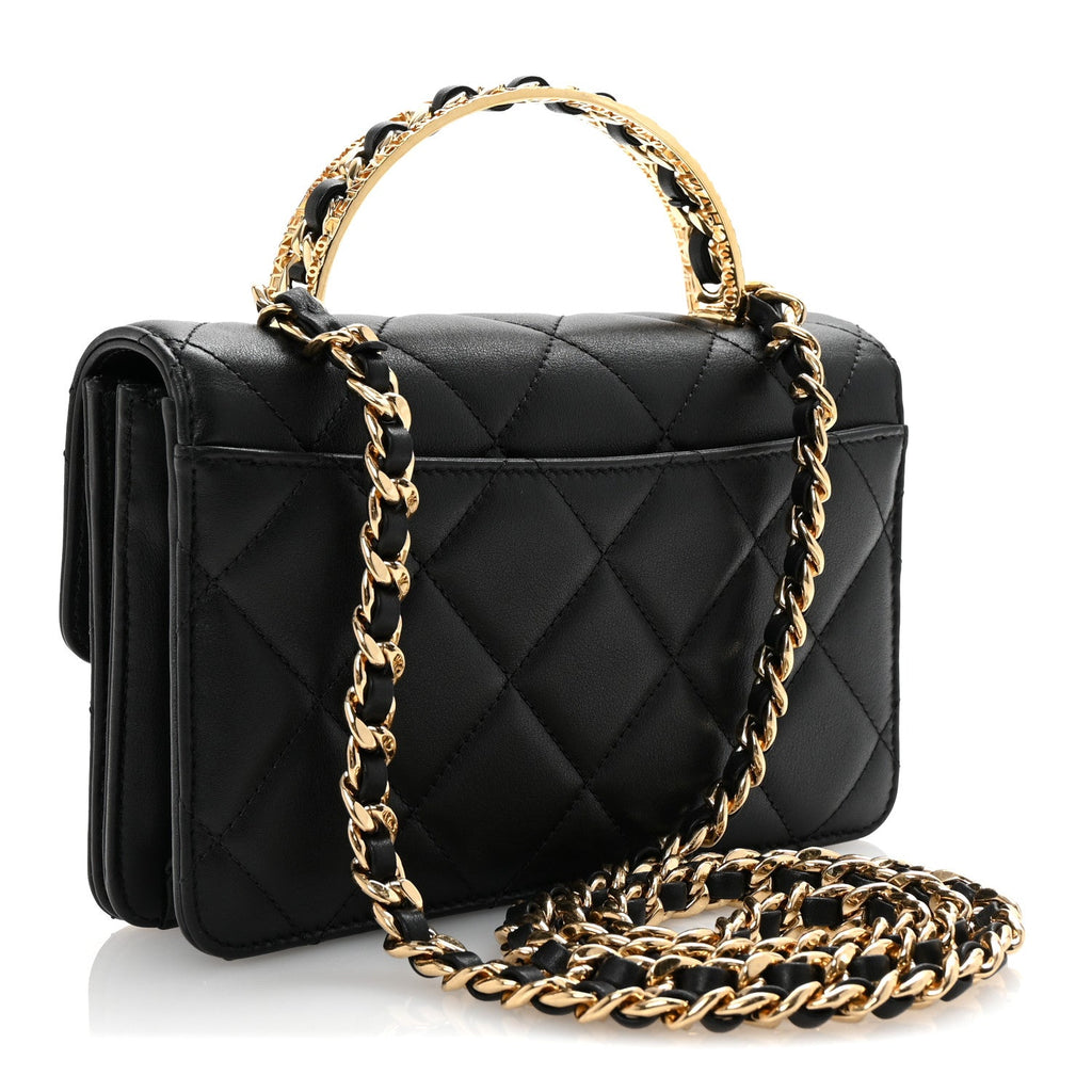 Shiny Calfskin Quilted Mini Metal Top Handle Flap Black