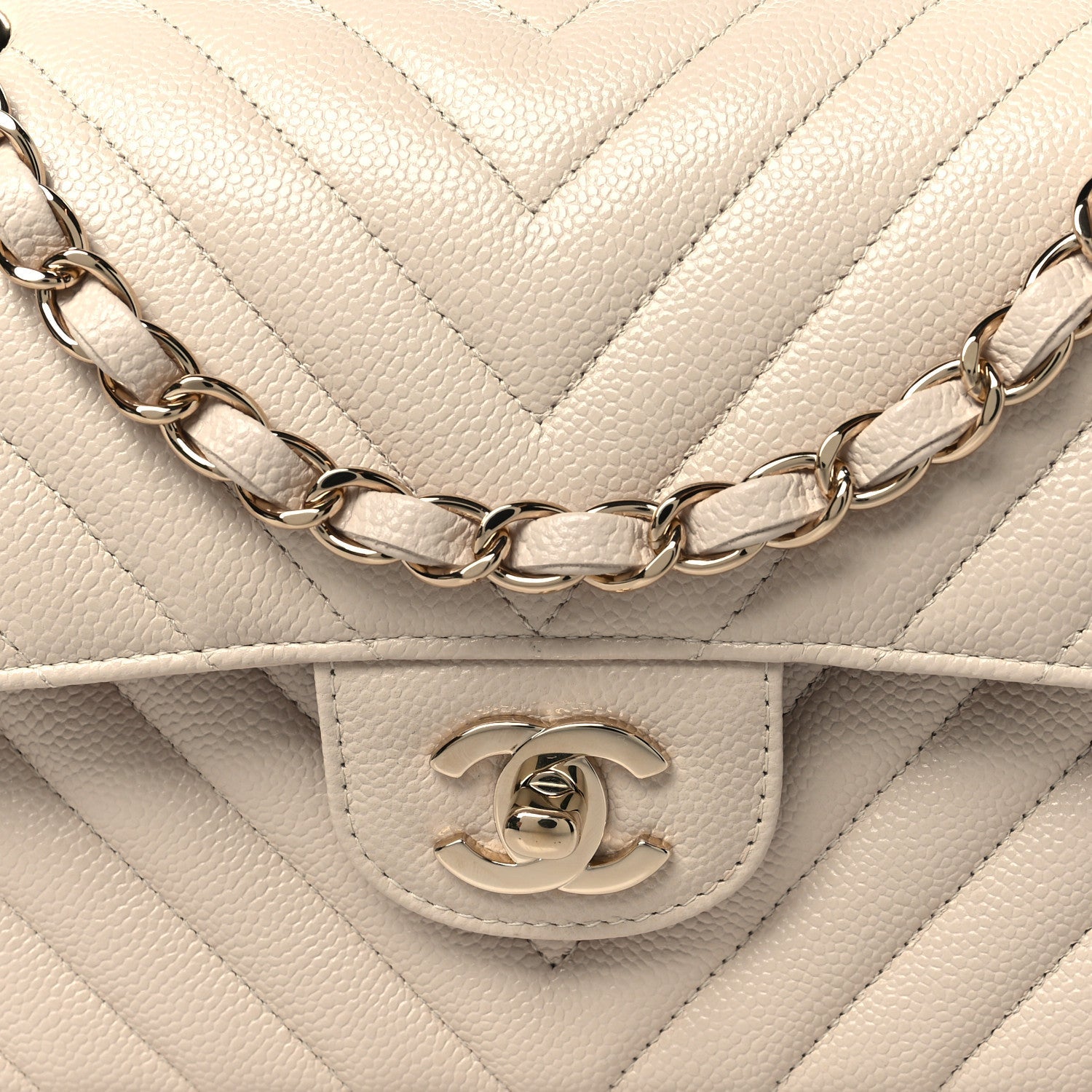 Caviar Chevron Quilted Small Double Flap Beige