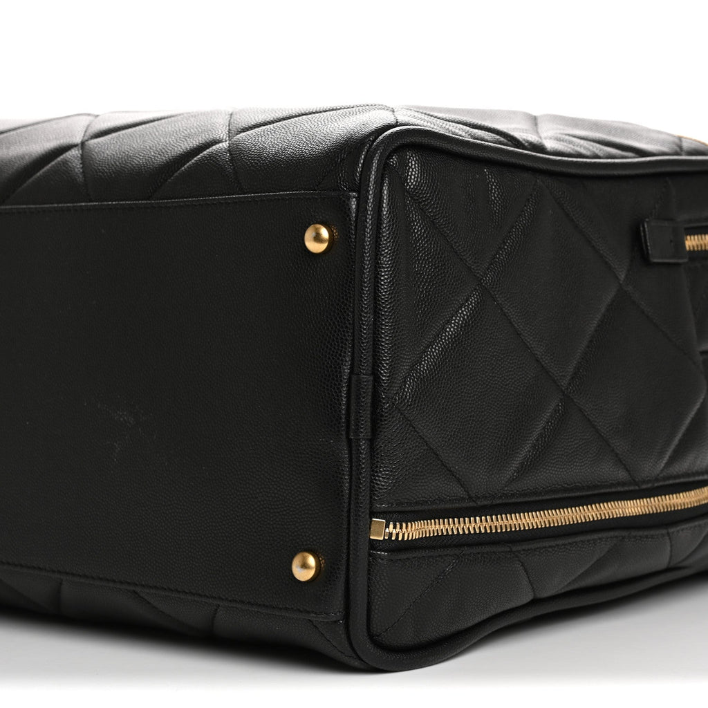 Shiny Grained Calfskin Quilted Large Travel Bowling Bag Black