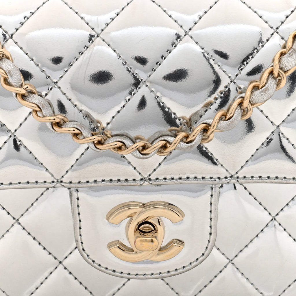 Mirror Calfskin Metallic Calfskin Quilted Hollywood Boulevard Mini Flap With Star Coin Purse Silver