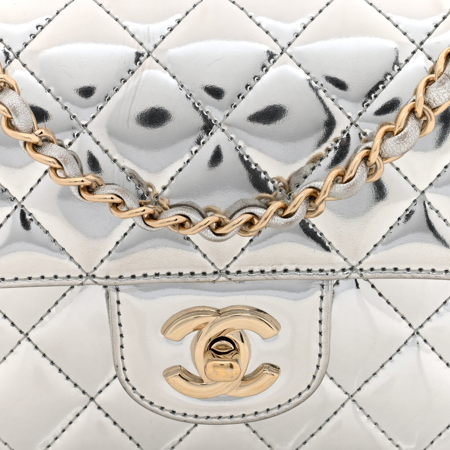 Mirror Calfskin Metallic Calfskin Quilted Hollywood Boulevard Mini Flap With Star Coin Purse Silver