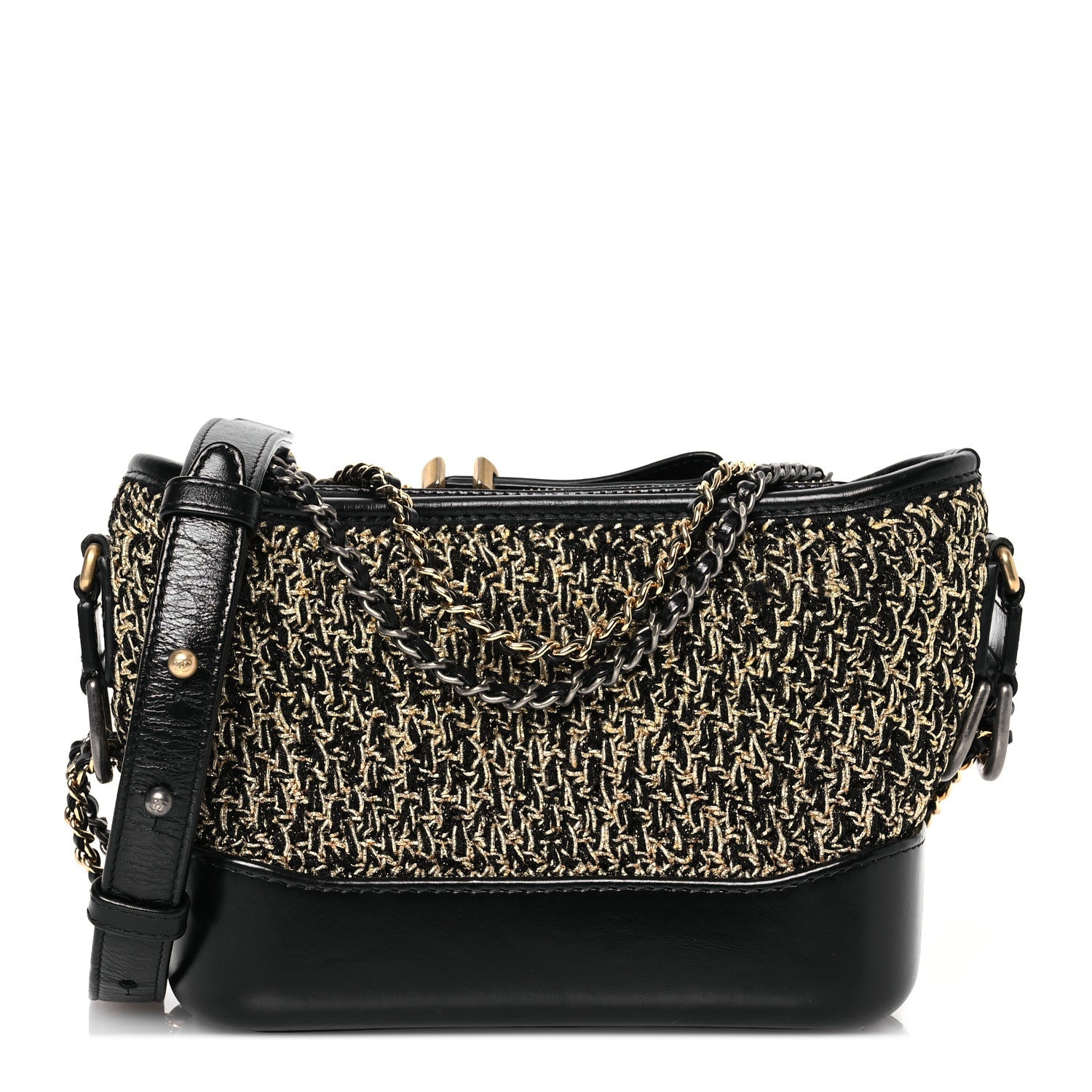 Tweed Calfskin Quilted Small Gabrielle Hobo Black Gold