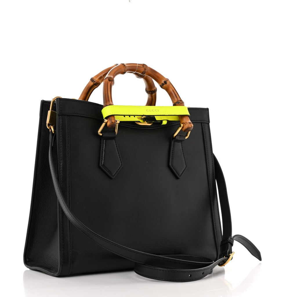 Calfskin Small Diana Tote Bag Black Yellow Fluo