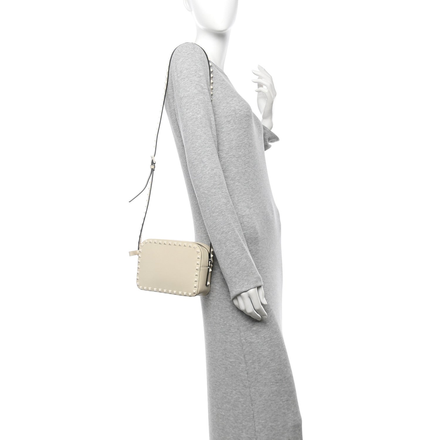 Vitello Monochrome Rockstud Camera Crossbody Bag Ivory