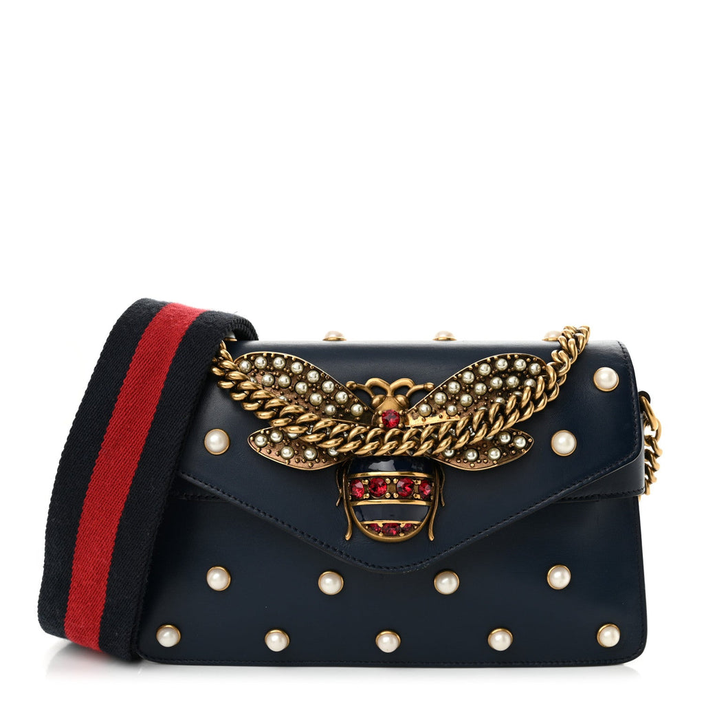 Nappa Pearl Studded Mini Queen Margaret Broadway Shoulder Bag Blue Agata