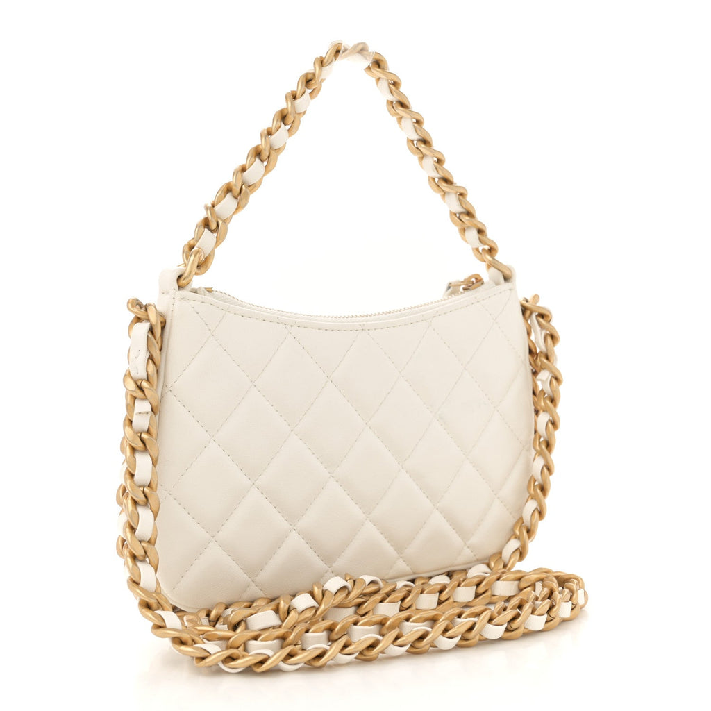 Shiny Crumpled Lambskin Quilted Trendy Chain Around Hobo White